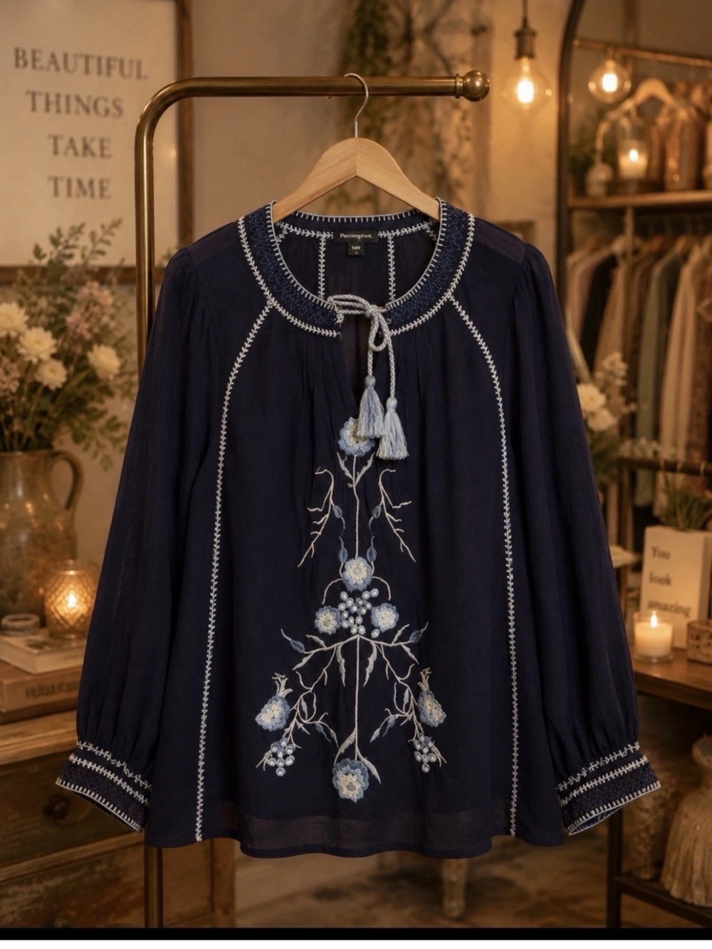 Roaman's Navy Embroidered Tie-Neck Peasant Blouse